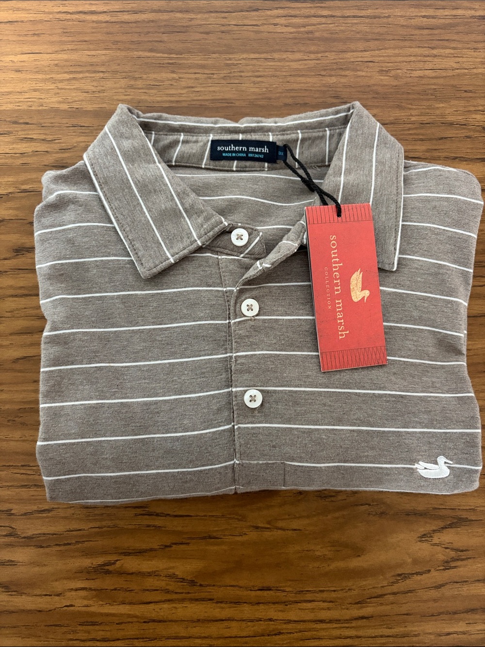 Southern Tide Taupe and White Striped Polo